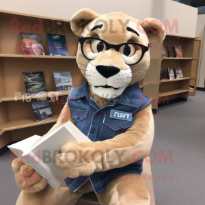 Tan Mountain Lion mascot costume character dressed with a Denim Shorts and Reading glasses