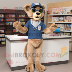 Tan Mountain Lion mascot costume character dressed with a Denim Shorts and Reading glasses