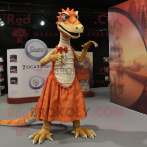 Rust Coelophysis mascot costume character dressed with a Ball Gown and Coin purses