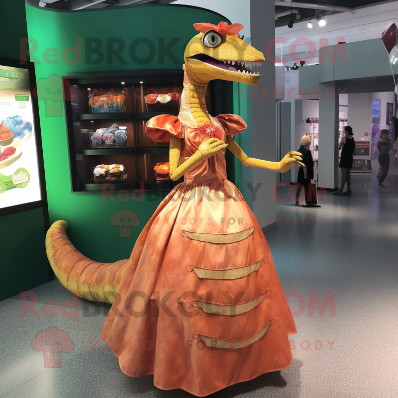 Rust Coelophysis mascot costume character dressed with a Ball Gown and Coin purses Rust Coelophysis mascot costume character dressed with a Ball Gown and Coin purses