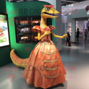 Rust Coelophysis mascot costume character dressed with a Ball Gown and Coin purses