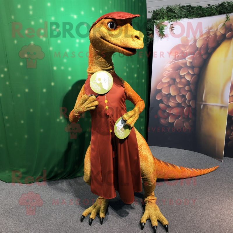 Rust Coelophysis mascot costume character dressed with a Ball Gown and Coin purses