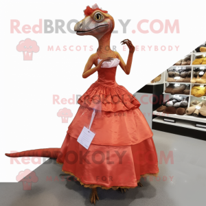 Rust Coelophysis mascot costume character dressed with a Ball Gown and Coin purses