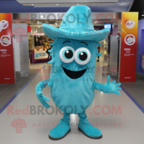 Turquoise Fried Calamari mascot costume character dressed with a Skinny Jeans and Brooches