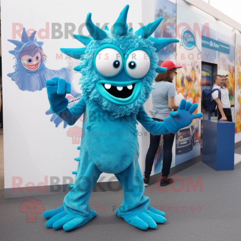 Turquoise Fried Calamari mascot costume character dressed with a Skinny Jeans and Brooches