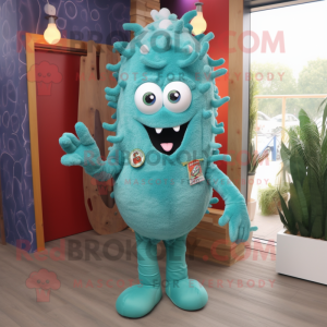 Turquoise Fried Calamari mascot costume character dressed with a Skinny Jeans and Brooches