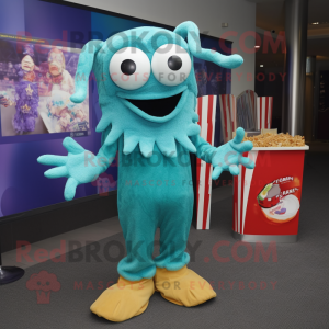 Turquoise Fried Calamari mascot costume character dressed with a Skinny Jeans and Brooches