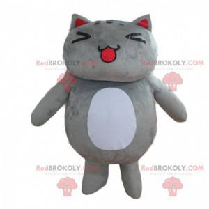 Mascot gran gato gris y blanco, muy lindo y regordete -