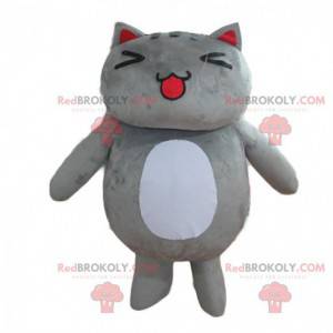 Mascot grote grijze en witte kat, heel schattig en mollig -