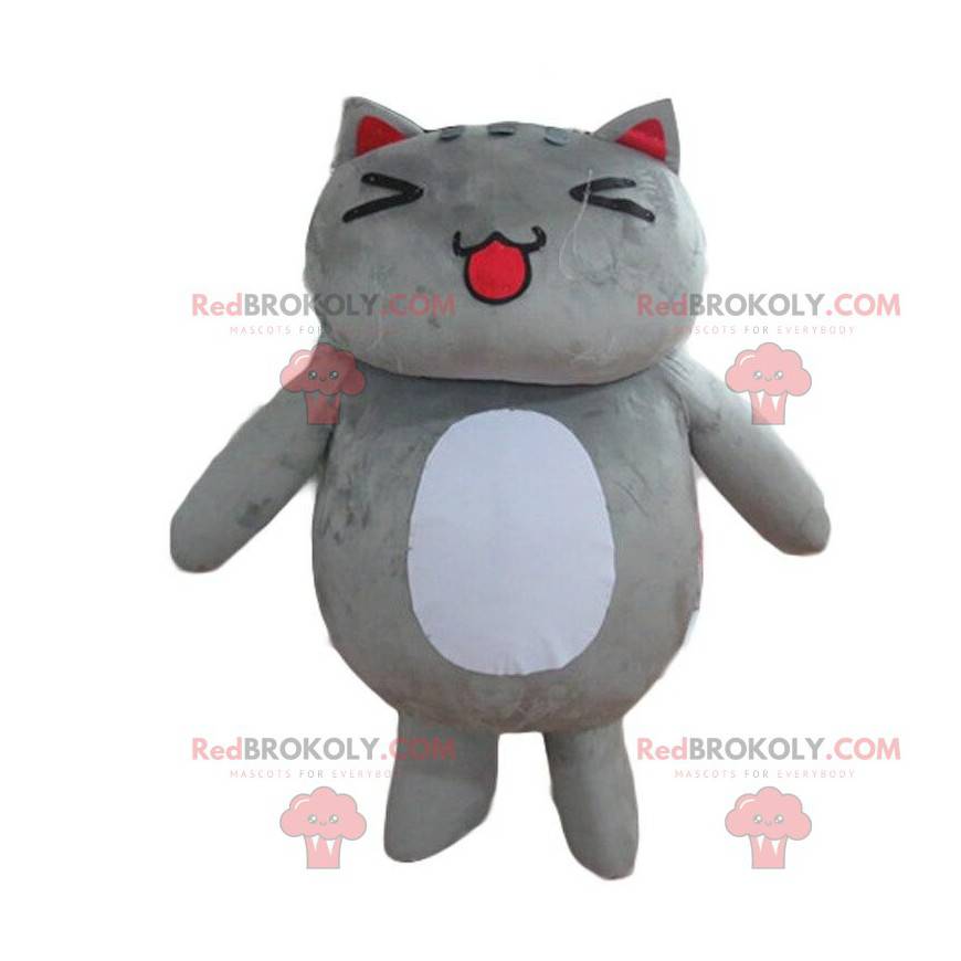 Mascot gran gato gris y blanco, muy lindo y regordete -