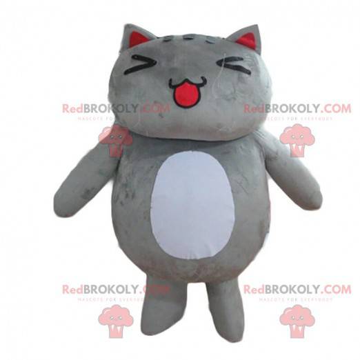 Mascotte de gros chat gris et blanc, très mignon et dodu -