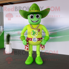 Lime Green Cowboy mascot costume character dressed with a Bikini and Rings