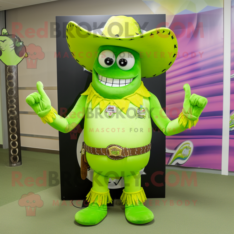 Lime Green Cowboy mascot costume character dressed with a Bikini and Rings