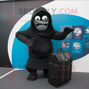 Black Contortionist mascot costume character dressed with a Hoodie and Briefcases