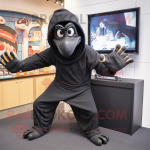 Black Contortionist mascot costume character dressed with a Hoodie and Briefcases