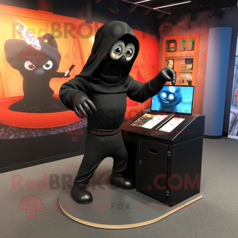 Black Contortionist mascot costume character dressed with a Hoodie and Briefcases Black Contortionist mascot costume character dressed with a Hoodie and Briefcases
