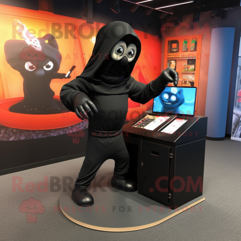 Black Contortionist mascot costume character dressed with a Hoodie and Briefcases