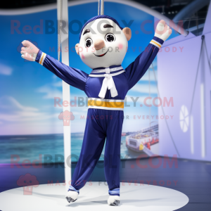 Navy Trapeze Artist mascot costume character dressed with a Romper and Wraps