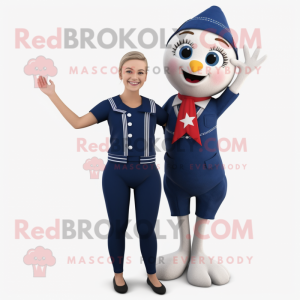 Navy Trapeze Artist mascot costume character dressed with a Romper and Wraps