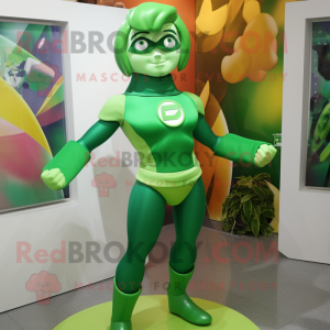 Green Superhero mascot costume character dressed with a Pencil Skirt and Anklets