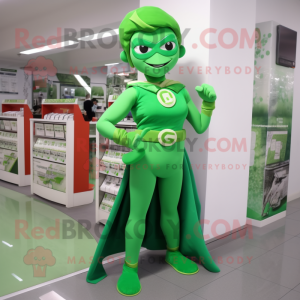 Green Superhero mascot costume character dressed with a Pencil Skirt and Anklets