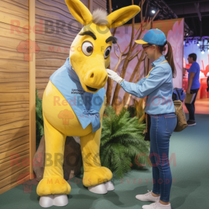Yellow Donkey mascot costume character dressed with a Denim Shirt and Watches