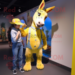 Yellow Donkey mascot costume character dressed with a Denim Shirt and Watches