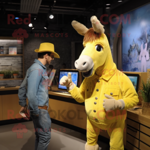 Yellow Donkey mascot costume character dressed with a Denim Shirt and Watches