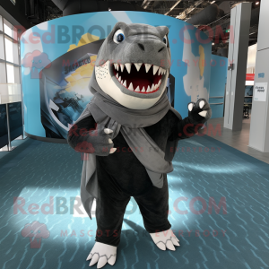 Black Megalodon mascot costume character dressed with a V-Neck Tee and Scarves