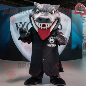 Black Megalodon mascot costume character dressed with a V-Neck Tee and Scarves