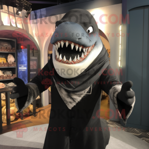 Black Megalodon mascot costume character dressed with a V-Neck Tee and Scarves
