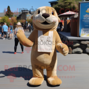 Gold Sea Lion mascot costume character dressed with a Button-Up Shirt and Shoe clips