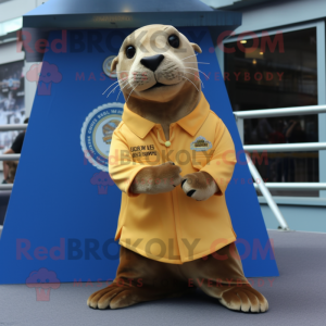 Gold Sea Lion mascot costume character dressed with a Button-Up Shirt and Shoe clips