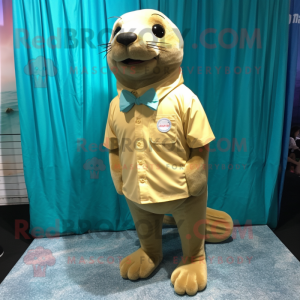 Gold Sea Lion mascot costume character dressed with a Button-Up Shirt and Shoe clips