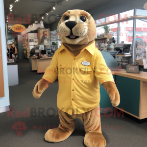 Gold Sea Lion mascot costume character dressed with a Button-Up Shirt and Shoe clips