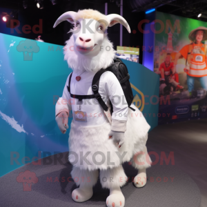 White Goat mascot costume character dressed with a Skirt and Backpacks