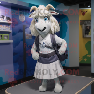 White Goat mascot costume character dressed with a Skirt and Backpacks