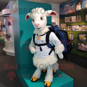 White Goat mascot costume character dressed with a Skirt and Backpacks