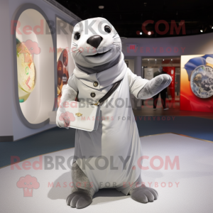 Silver Seal mascot costume character dressed with a Culottes and Clutch bags