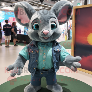 Teal Chinchilla mascot costume character dressed with a Denim Shorts and Cufflinks