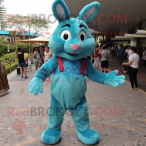 Turquoise Wild Rabbit mascot costume character dressed with a Romper and Suspenders