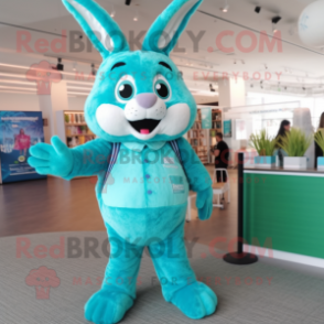 Turquoise Wild Rabbit mascot costume character dressed with a Romper and Suspenders