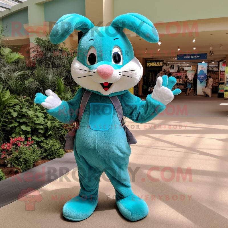 Turquoise Wild Rabbit mascot costume character dressed with a Romper and Suspenders