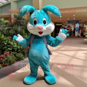 Turquoise Wild Rabbit mascot costume character dressed with a Romper and Suspenders