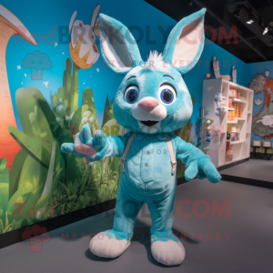 Turquoise Wild Rabbit mascot costume character dressed with a Romper and Suspenders