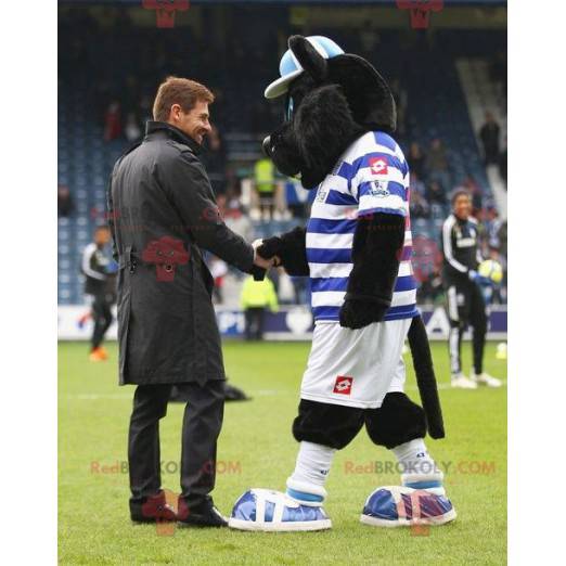 Black cat mascot in blue and white outfit - Redbrokoly.com