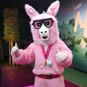 Pink Llama mascot costume character dressed with a Cardigan and Eyeglasses