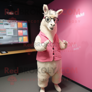 Pink Llama mascot costume character dressed with a Cardigan and Eyeglasses