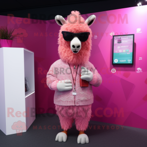 Pink Llama mascot costume character dressed with a Cardigan and Eyeglasses