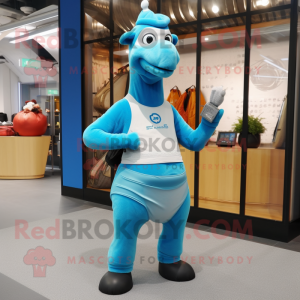 Sky Blue Camel mascot costume character dressed with a Yoga Pants and Wallets